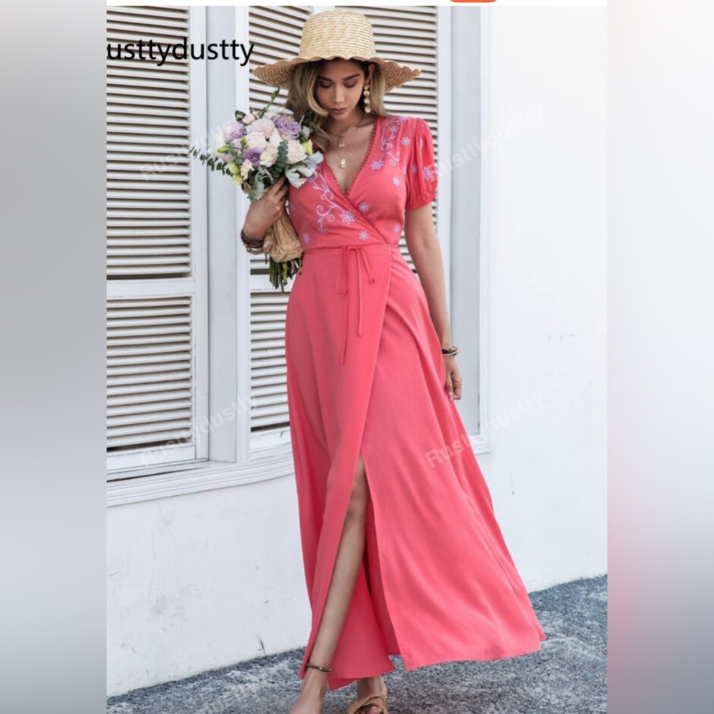 Coral Pink Embroidered Wrap Dress